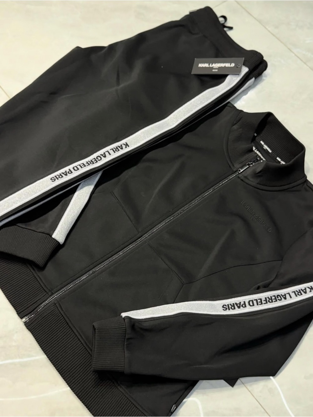 Karl Lagerfeld Black Track Jacket with Silver Side Stripes and matching pants - Picture 2 of 9